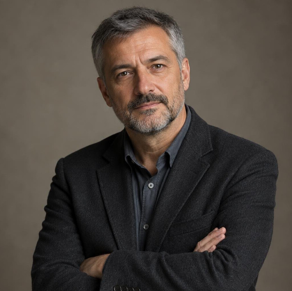 Studio portrait of a middle-aged Croatian male author in a dark jacket