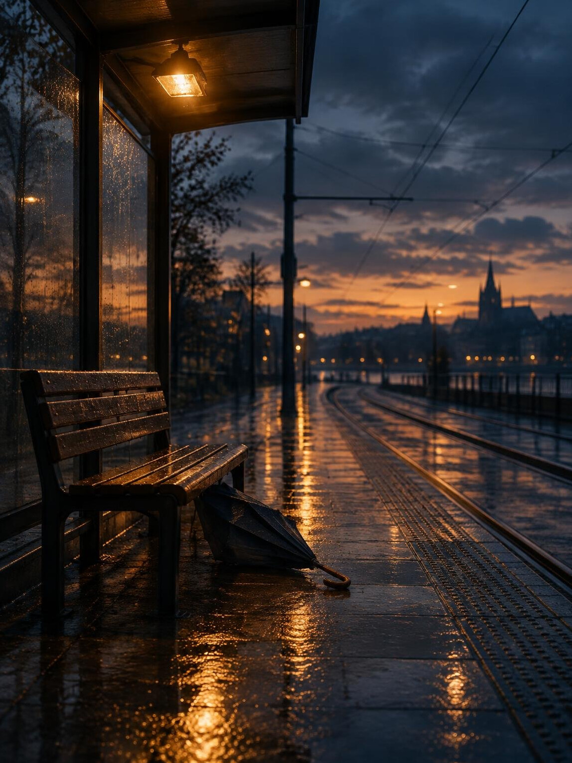 Book cover mockup of an empty tram stop bench at dusk