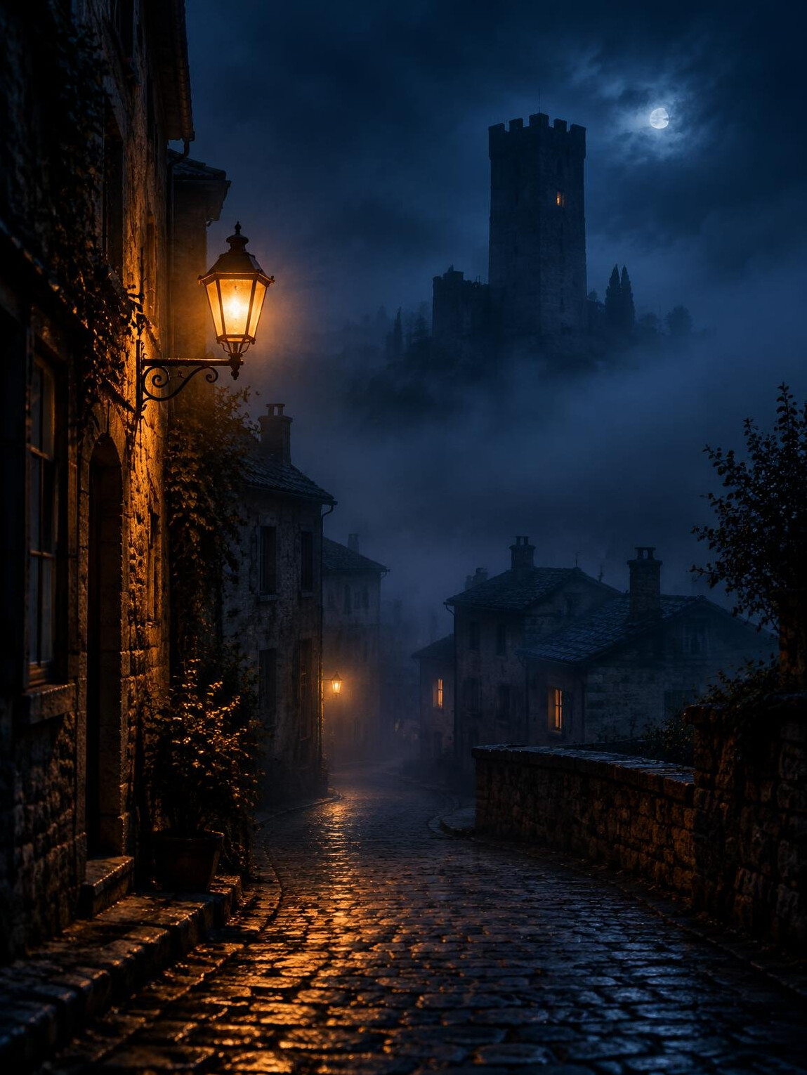 Moody book cover of a foggy old town street at night