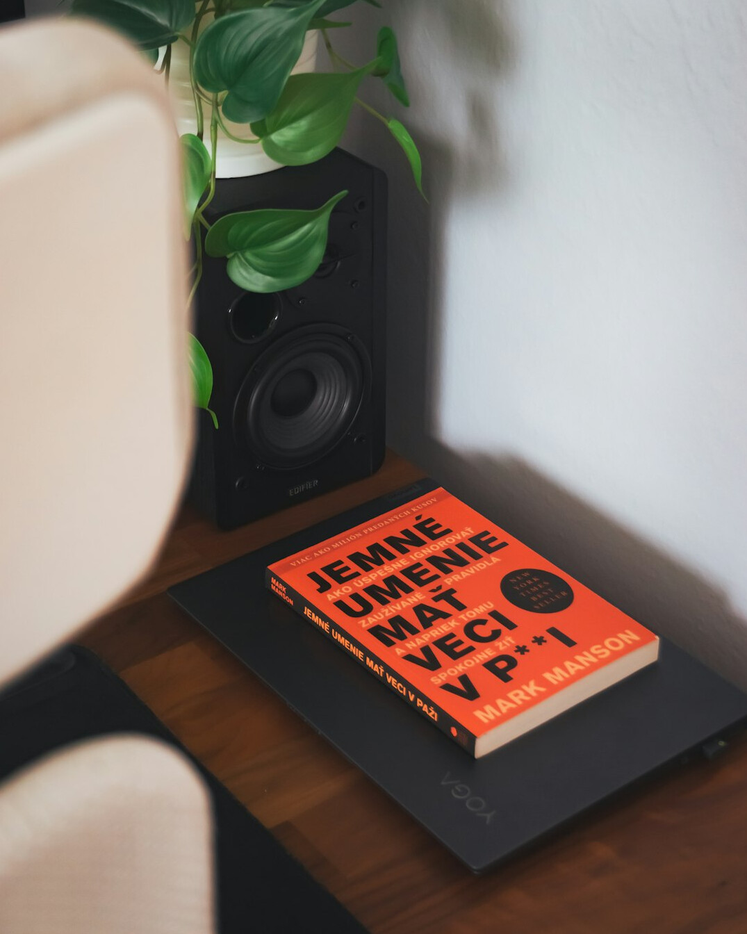 mystery book cover on desk
