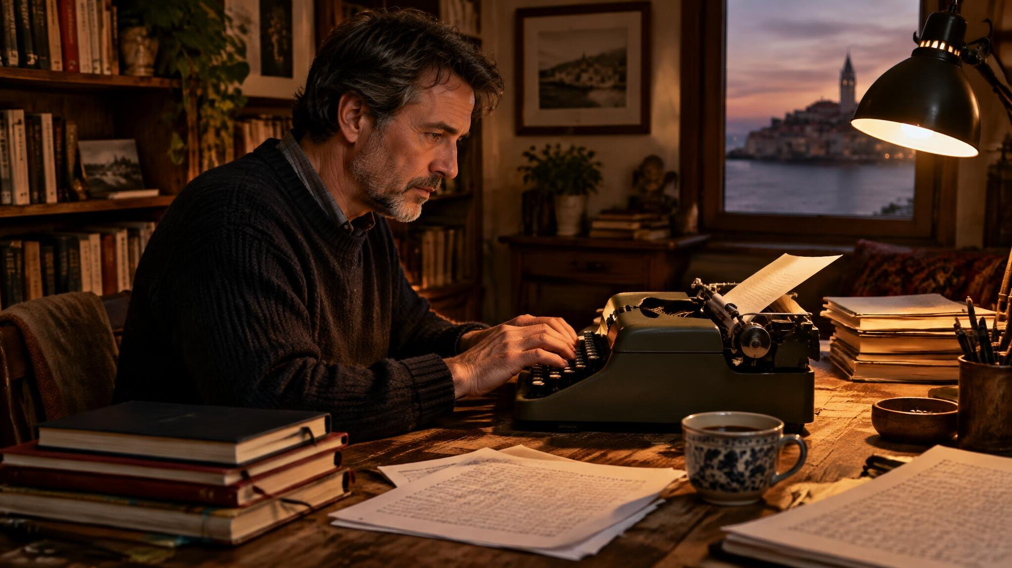 Croatian author writing at a wooden desk with a typewriter and notebooks
